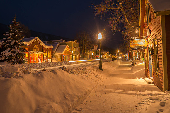 Elk Avenue on a snowy night